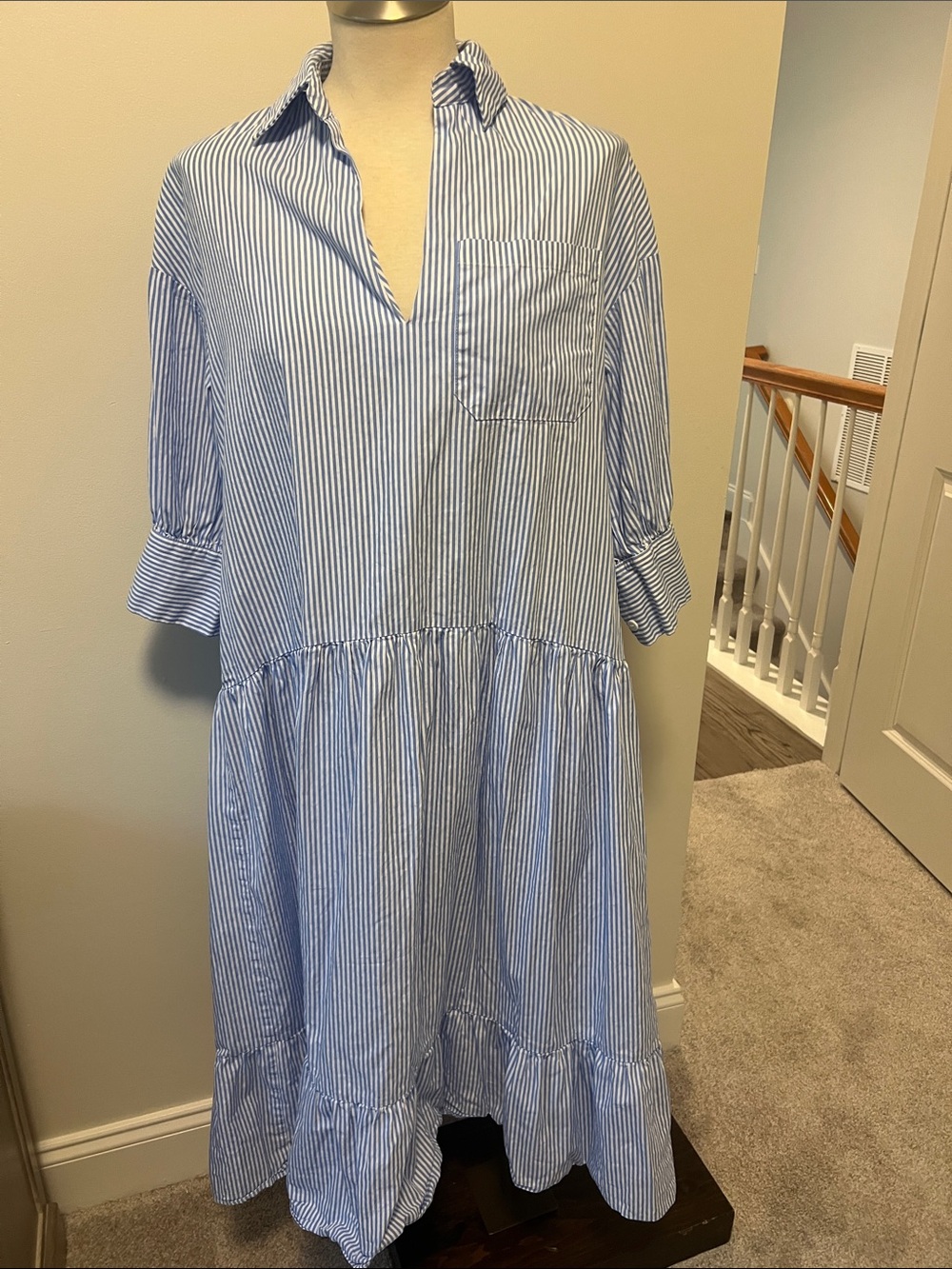 Light Blue & White Stripe Casual Ruffle-Hem Kids Dress